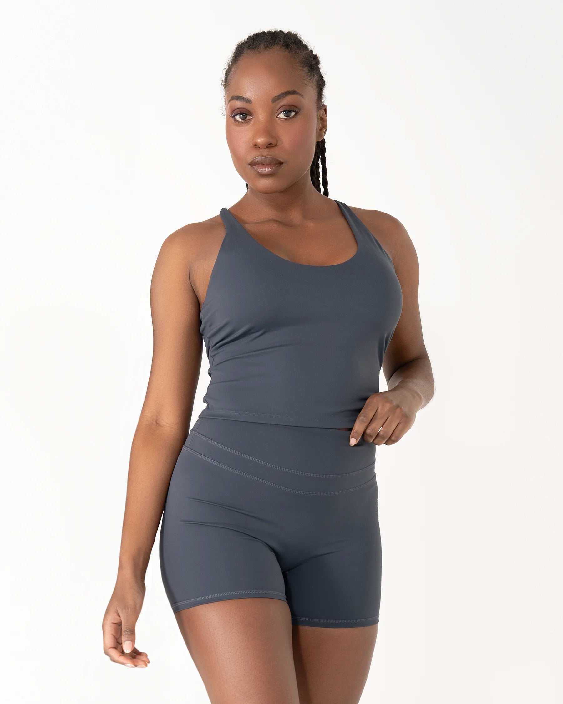 Débardeur AMY bleu-gris Reaverfit pour femme avec brassière intégrée idéal pour le Pilates