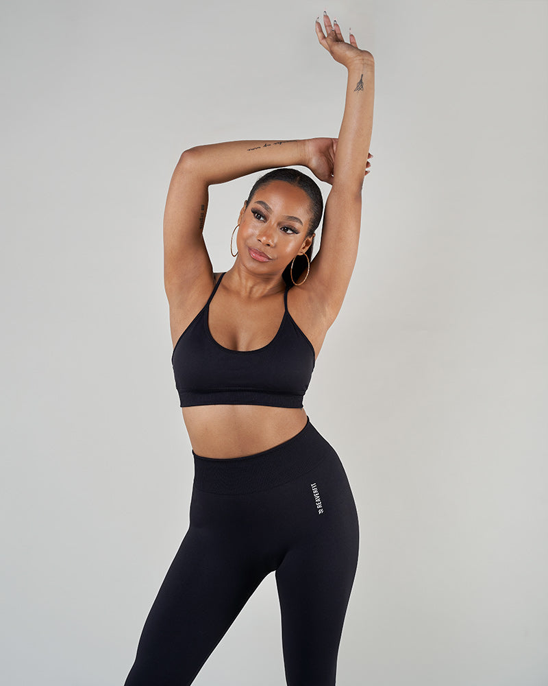 Haut de sport femme noir doux tendance brassière June musculation fitness yoga crossfit, la course à pied ou le yoga avec un séchage rapide