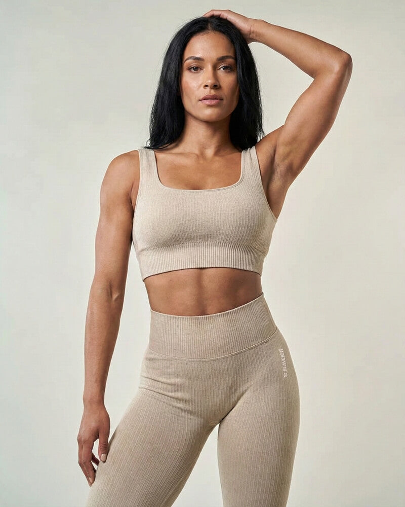 Brassière de sport femme COCOON Beige, athlétique et confortable, pour un style féminin affirmé pendant vos séances de sport reaverfit