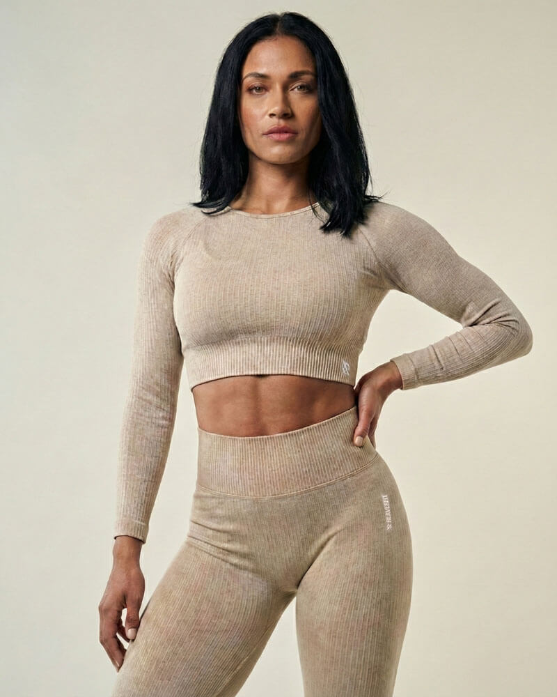 Crop Top manches longues femme COCOON Beige - haut de sport parfait entraînements fitness yoga, alliant confort, performance et esthétique