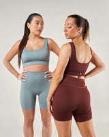 Deux femmes en tenue de sport athleisure et activewear brassiere de sport bleue et marron et leggings taille haute sexy - Exemple de style athlétique chic