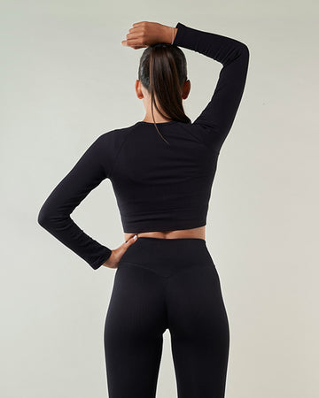 Women's Long Sleeve Sport Crop Top, COCOON Black