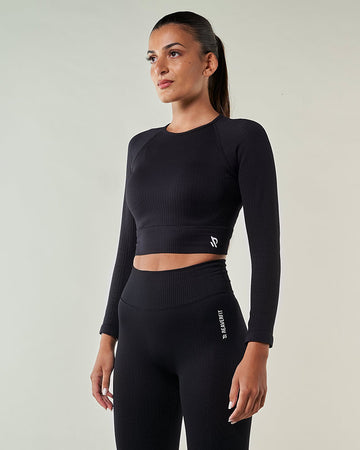 Women's Long Sleeve Sport Crop Top, COCOON Black