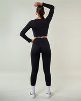 Ensemble complet sport femme athleisure Cocoon 3 pièces - Legging taille haute, crop top à manches longues et brassière sportive